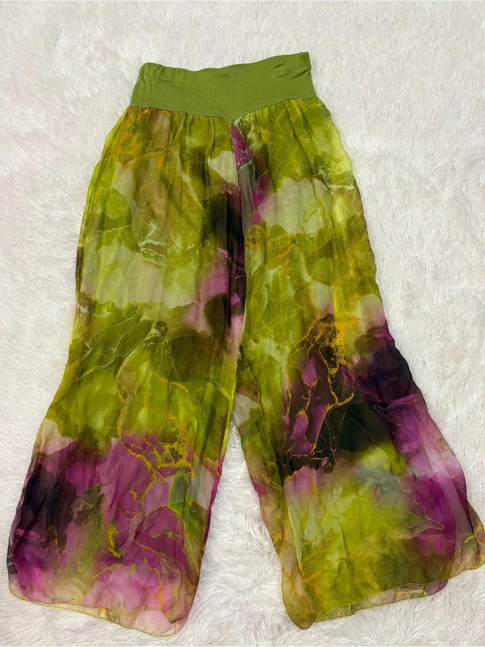 Lime & Pink Watercolor Wide-Leg Palazzo Pants